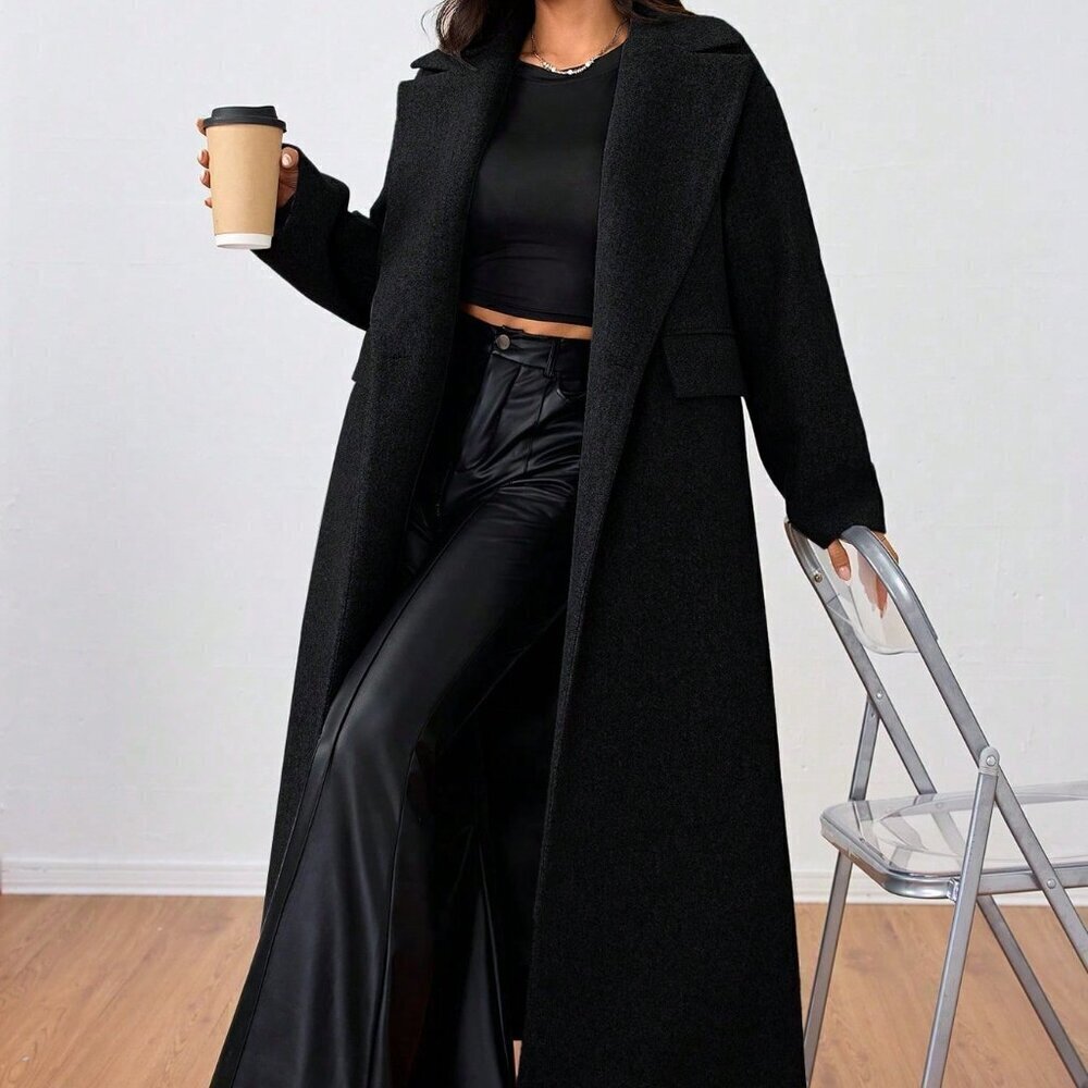 Black Casual Women's Collared Long Overcoat